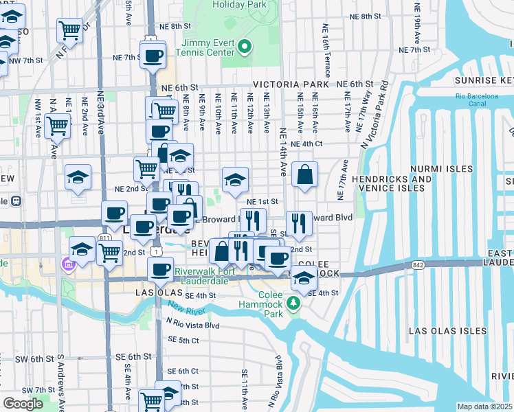 map of restaurants, bars, coffee shops, grocery stores, and more near 115 Northeast 12th Avenue in Fort Lauderdale