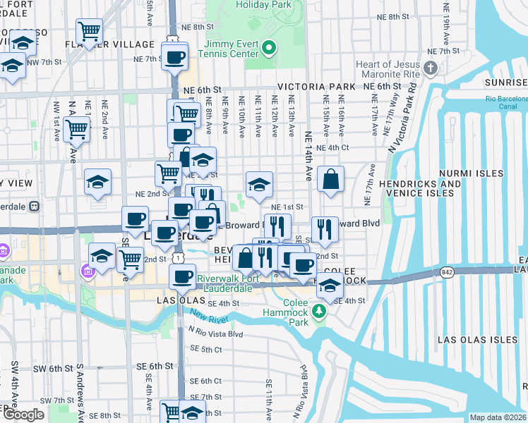 map of restaurants, bars, coffee shops, grocery stores, and more near 115 Northeast 12th Avenue in Fort Lauderdale