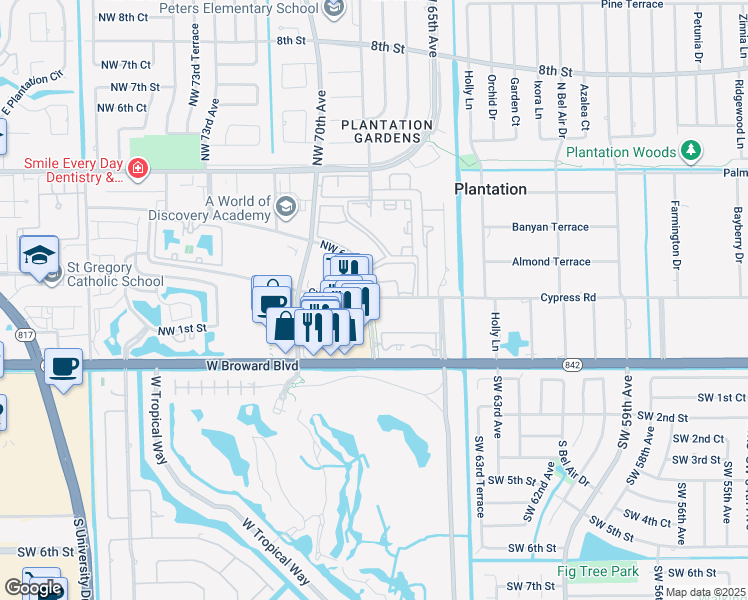 map of restaurants, bars, coffee shops, grocery stores, and more near 6751 Cypress Road in Plantation
