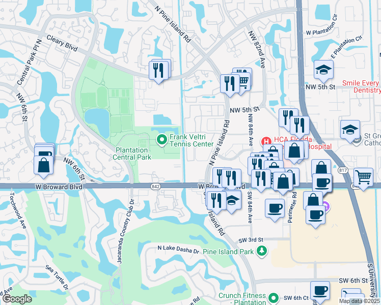 map of restaurants, bars, coffee shops, grocery stores, and more near 344-398 NW 87th Rd in Plantation