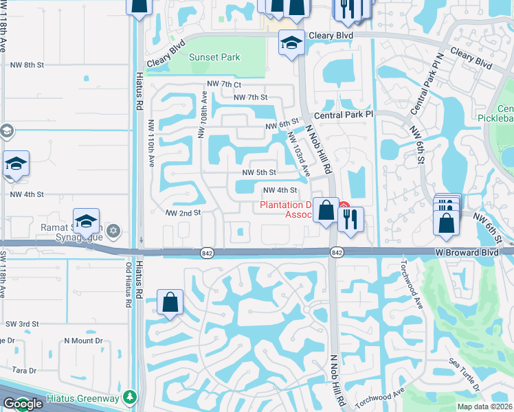 map of restaurants, bars, coffee shops, grocery stores, and more near 10625 Northwest 3rd Street in Plantation