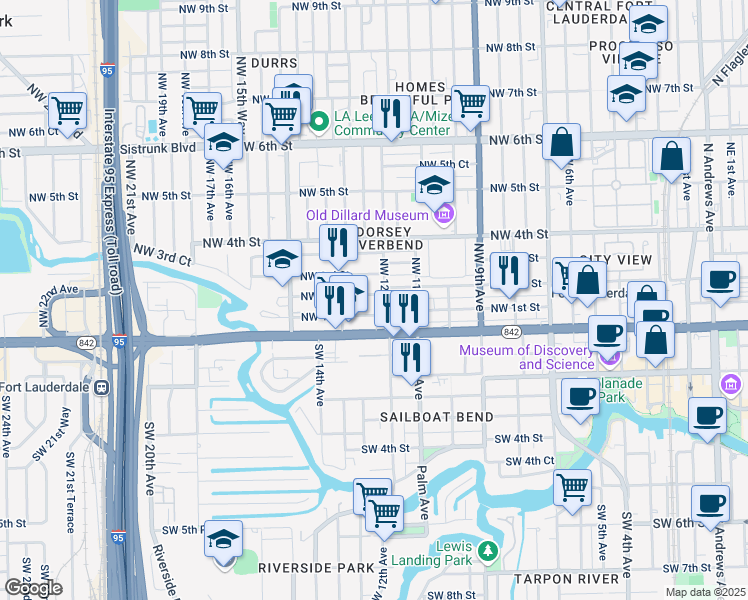 map of restaurants, bars, coffee shops, grocery stores, and more near 1220 Northwest 3rd Street in Fort Lauderdale