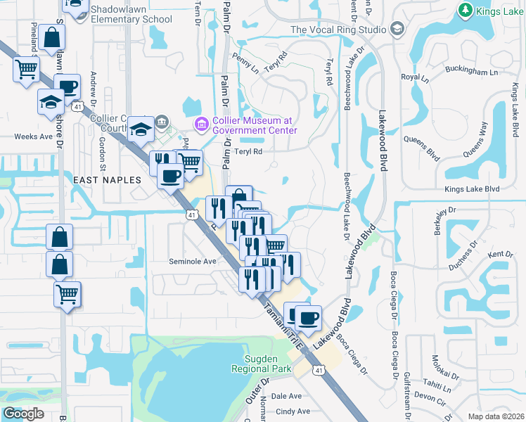 map of restaurants, bars, coffee shops, grocery stores, and more near 101 Palm Drive in Naples