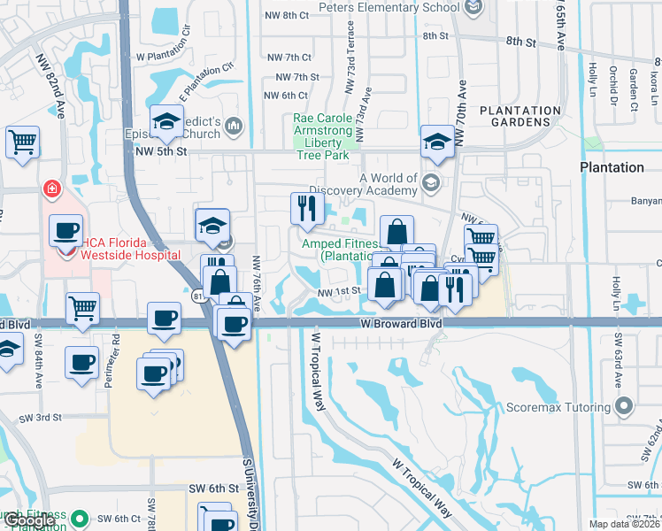 map of restaurants, bars, coffee shops, grocery stores, and more near 7366 Northwest 1st Manor in Plantation