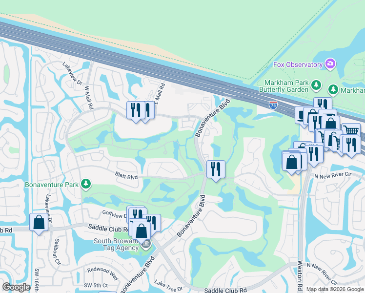 map of restaurants, bars, coffee shops, grocery stores, and more near 16549 Botaniko Drive North in Weston