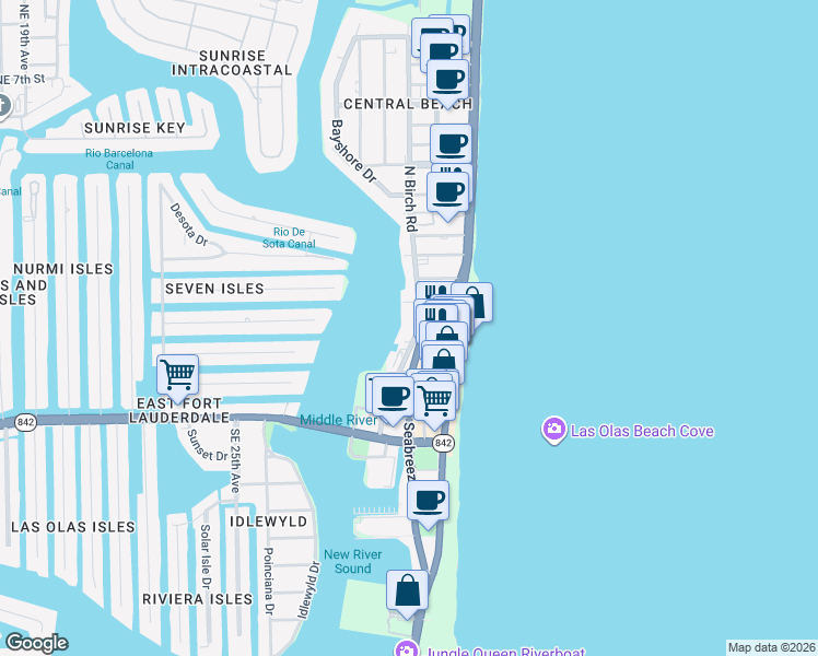 map of restaurants, bars, coffee shops, grocery stores, and more near 111 North Birch Road in Fort Lauderdale