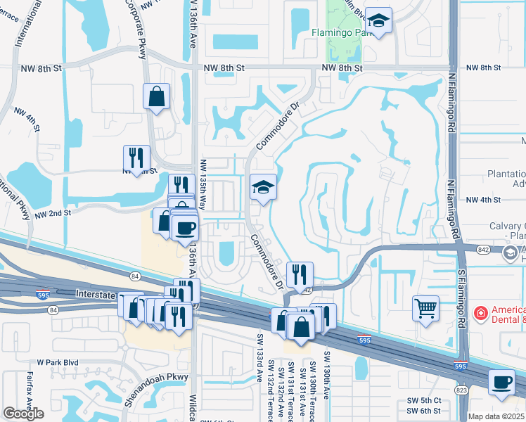 map of restaurants, bars, coffee shops, grocery stores, and more near 420 Commodore Drive in Plantation