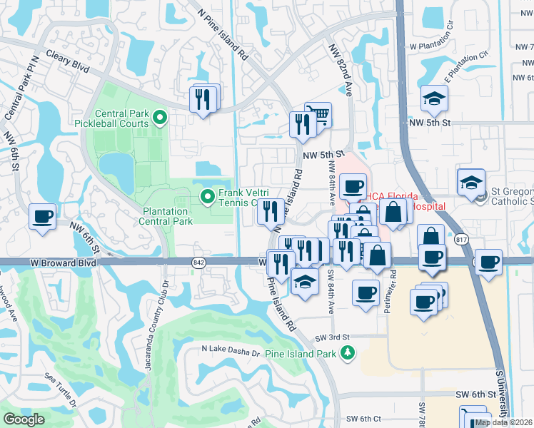 map of restaurants, bars, coffee shops, grocery stores, and more near 125 Northwest 87th Road in Plantation