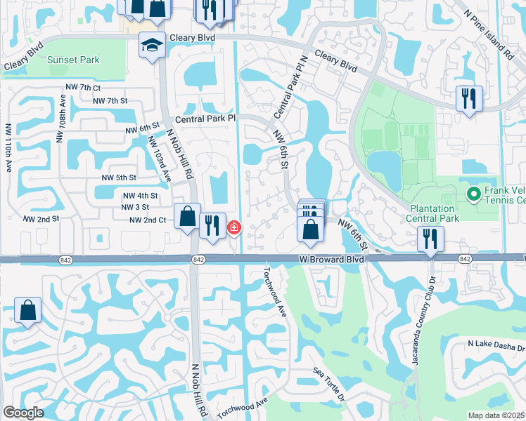 map of restaurants, bars, coffee shops, grocery stores, and more near 9858 Northwest 2nd Court in Plantation