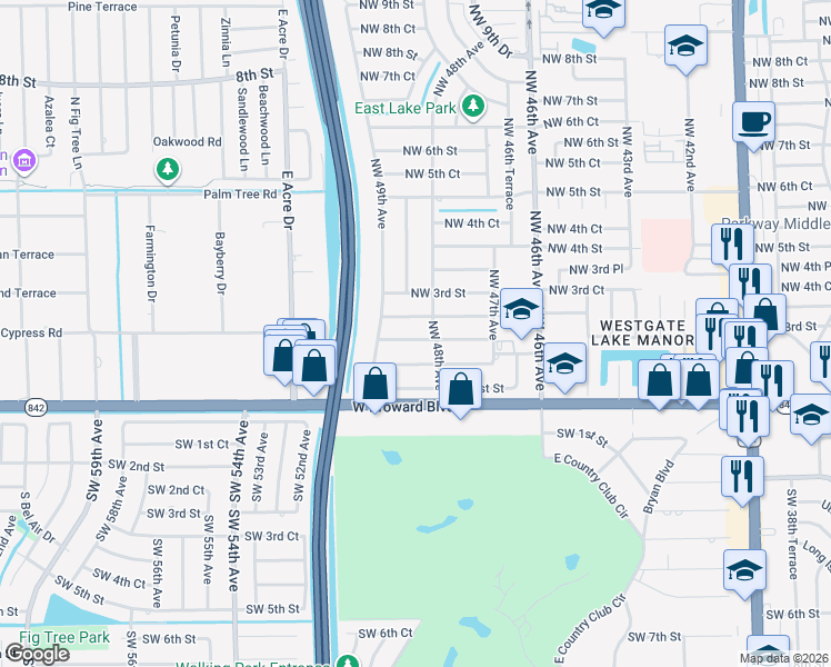 map of restaurants, bars, coffee shops, grocery stores, and more near 4827 Northwest 2nd Court in Plantation