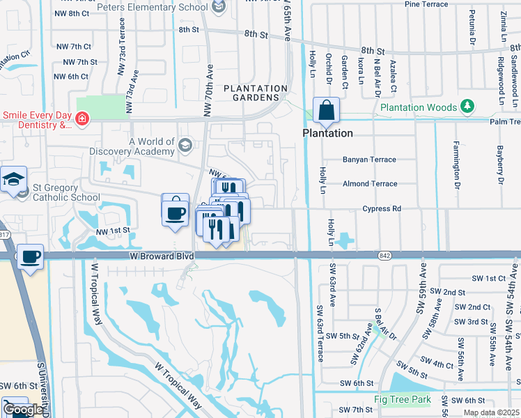 map of restaurants, bars, coffee shops, grocery stores, and more near 6701 Northwest 66th Avenue in Plantation