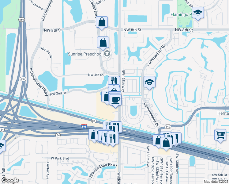 map of restaurants, bars, coffee shops, grocery stores, and more near 185 Northwest 136th Avenue in Sunrise
