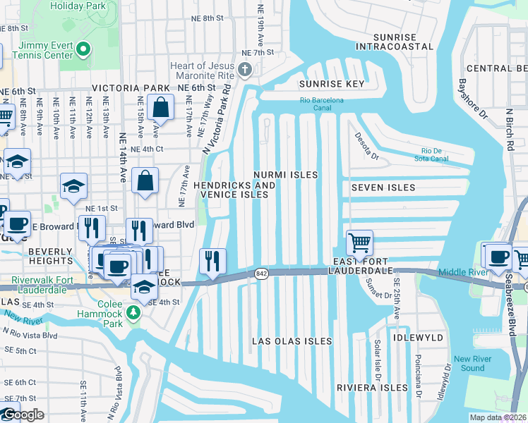 map of restaurants, bars, coffee shops, grocery stores, and more near 83 Isle of Venice Drive in Fort Lauderdale
