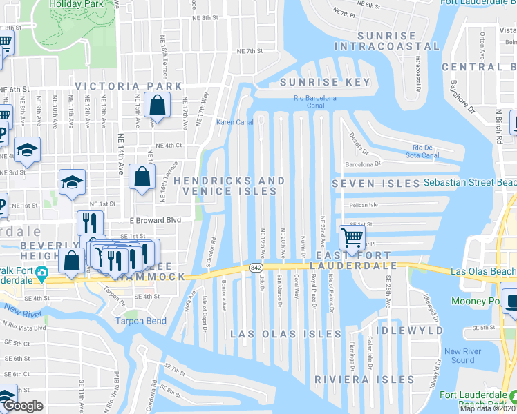 map of restaurants, bars, coffee shops, grocery stores, and more near 83 Isle of Venice Drive in Fort Lauderdale