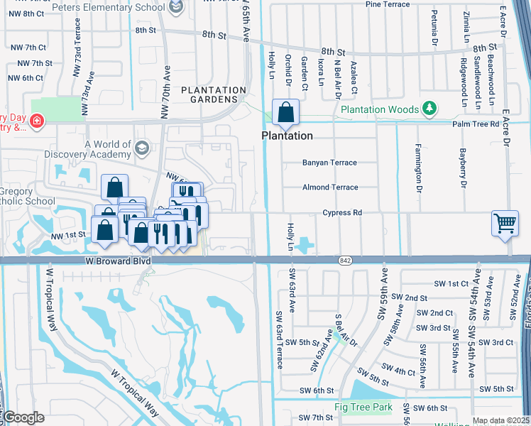 map of restaurants, bars, coffee shops, grocery stores, and more near 220 Holloway Drive in Plantation