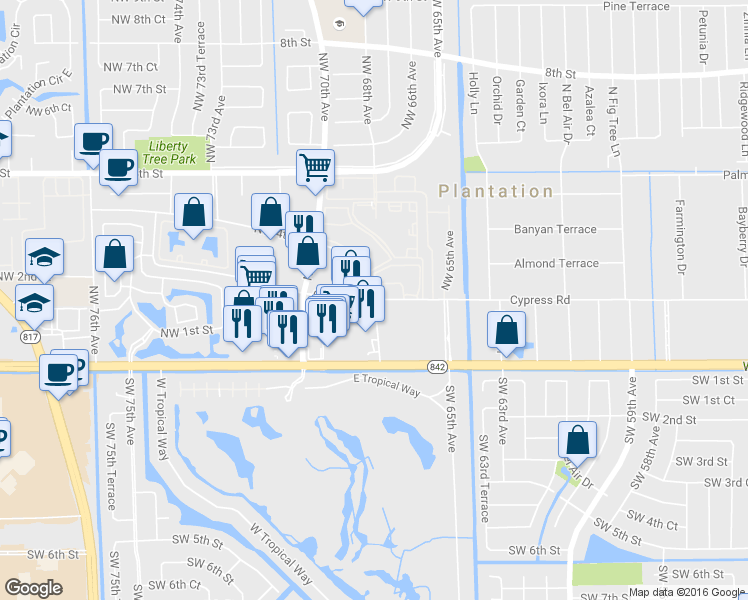 map of restaurants, bars, coffee shops, grocery stores, and more near 6751 Cypress Road in Plantation