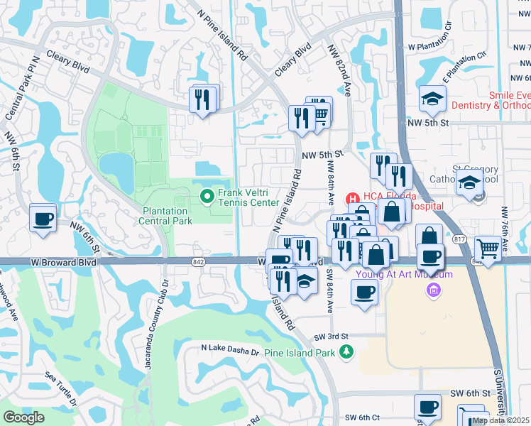 map of restaurants, bars, coffee shops, grocery stores, and more near 122 Northwest 3rd Court in Plantation