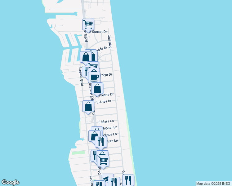 map of restaurants, bars, coffee shops, grocery stores, and more near 5206 Gulf Boulevard in South Padre Island