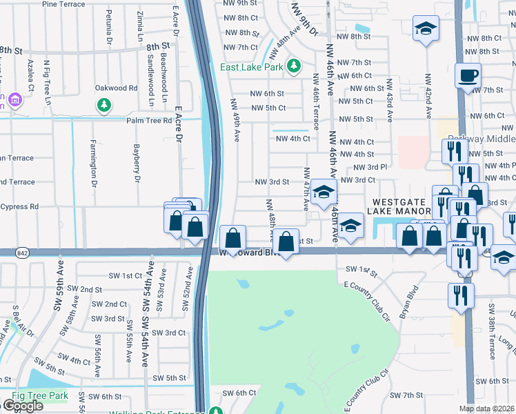 map of restaurants, bars, coffee shops, grocery stores, and more near 4827 Northwest 2nd Court in Plantation