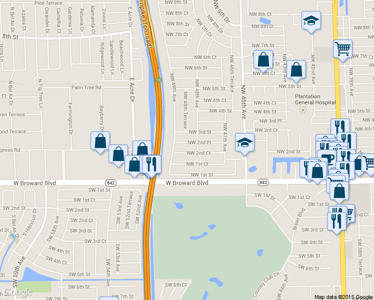 map of restaurants, bars, coffee shops, grocery stores, and more near 4839 Northwest 2nd Court in Plantation