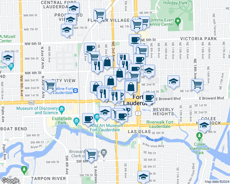 map of restaurants, bars, coffee shops, grocery stores, and more near 115 Northeast 3rd Avenue in Fort Lauderdale