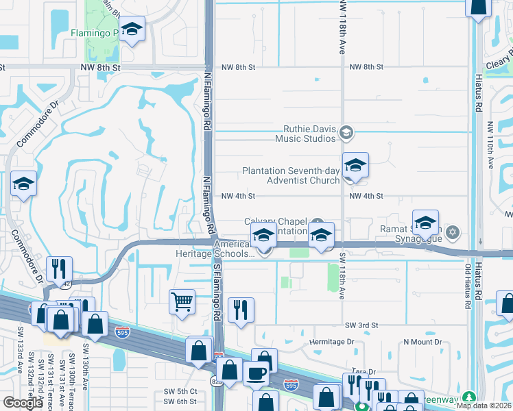 map of restaurants, bars, coffee shops, grocery stores, and more near 12200 Northwest 4th Street in Plantation