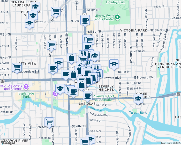 map of restaurants, bars, coffee shops, grocery stores, and more near 706 Northeast 2nd Street in Fort Lauderdale