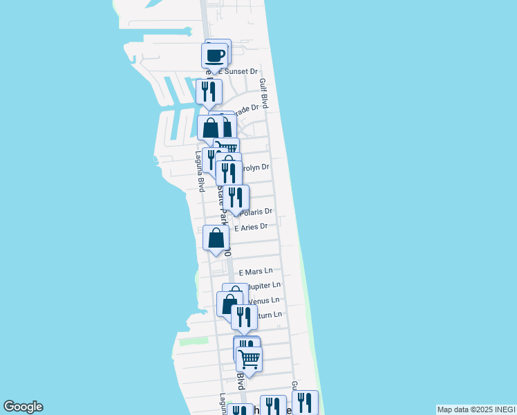 map of restaurants, bars, coffee shops, grocery stores, and more near 120 East Polaris Drive in South Padre Island