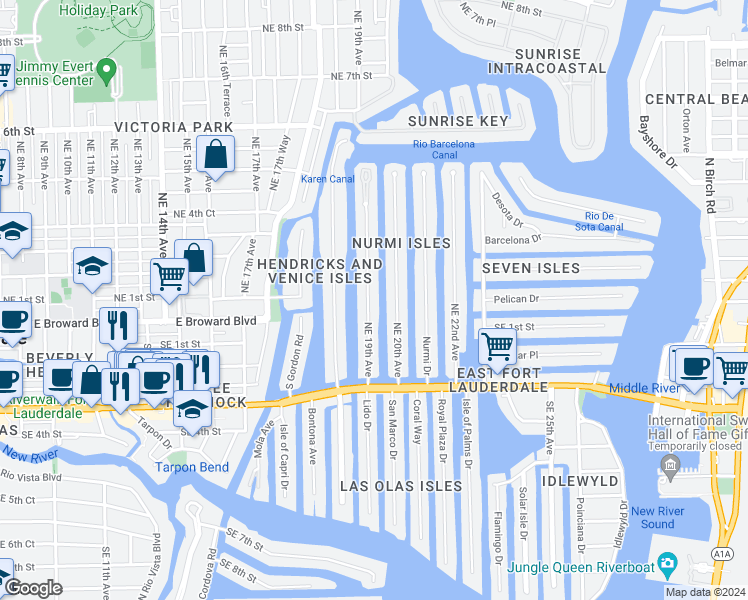 map of restaurants, bars, coffee shops, grocery stores, and more near 93 Isle of Venice Drive in Fort Lauderdale