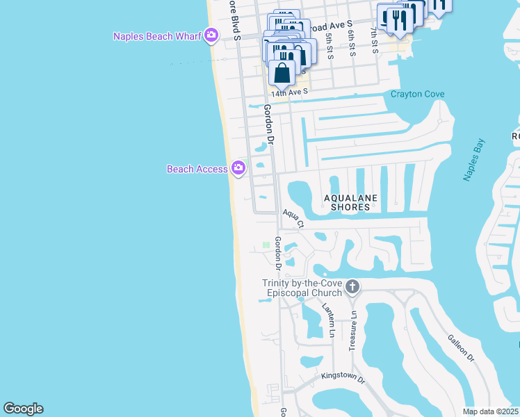 map of restaurants, bars, coffee shops, grocery stores, and more near 1911 Gulf Shore Boulevard South in Naples