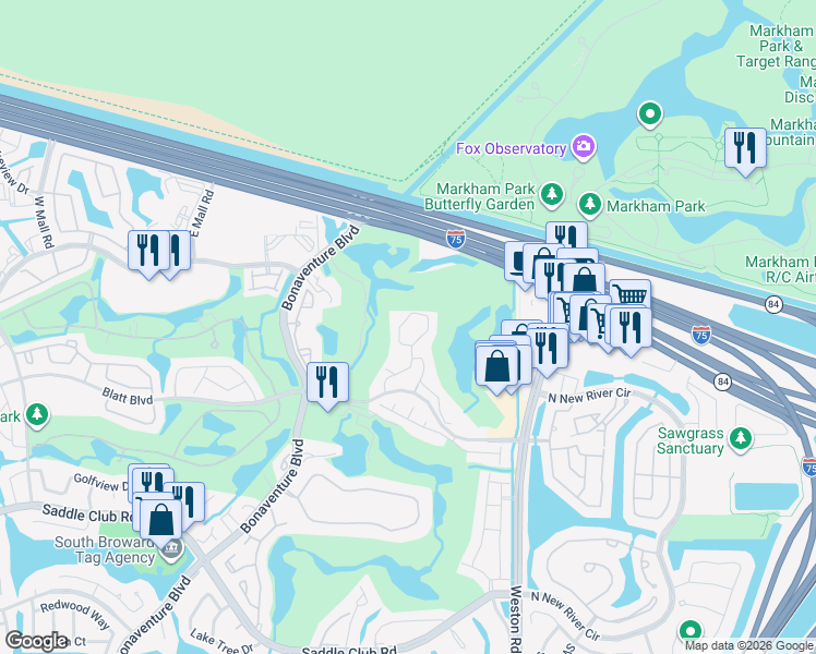map of restaurants, bars, coffee shops, grocery stores, and more near 16356 Malibu Drive in Weston