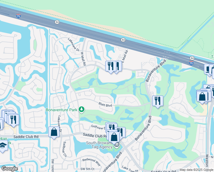 map of restaurants, bars, coffee shops, grocery stores, and more near 16689 Botaniko Drive North in Weston
