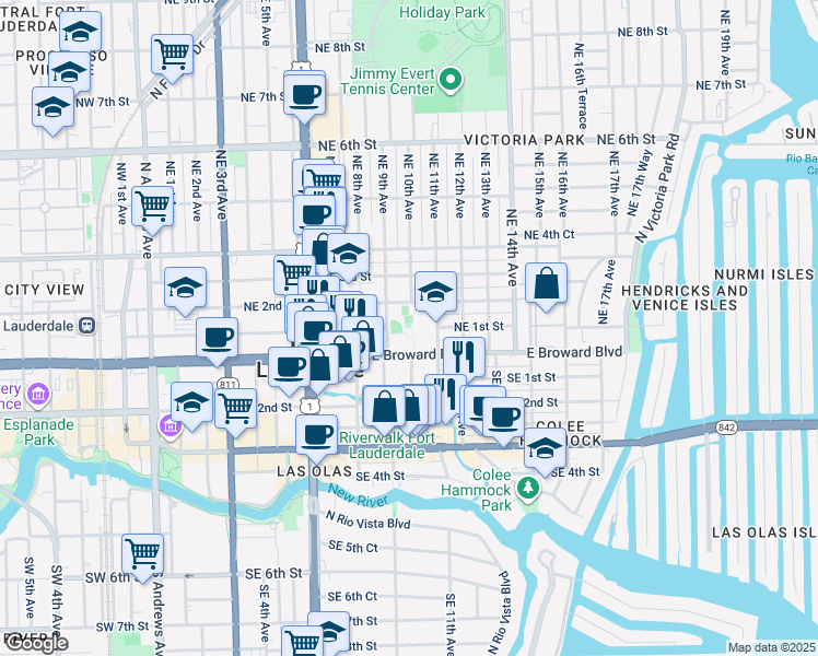 map of restaurants, bars, coffee shops, grocery stores, and more near 101 Northeast 11th Avenue in Fort Lauderdale