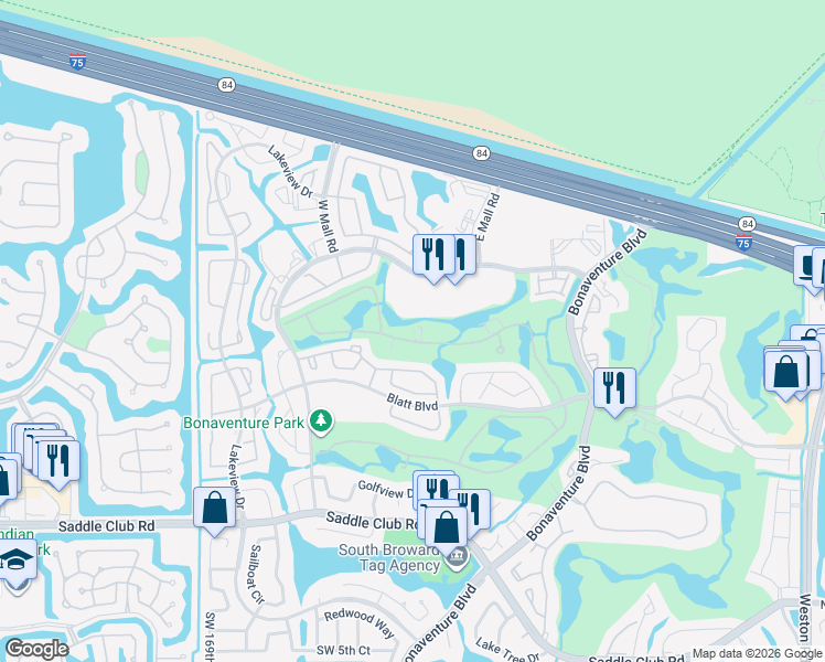 map of restaurants, bars, coffee shops, grocery stores, and more near 16689 Botaniko Drive North in Weston