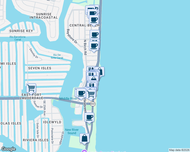 map of restaurants, bars, coffee shops, grocery stores, and more near 115 North Fort Lauderdale Beach Boulevard in Fort Lauderdale