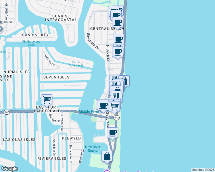 map of restaurants, bars, coffee shops, grocery stores, and more near 111 North Birch Road in Fort Lauderdale