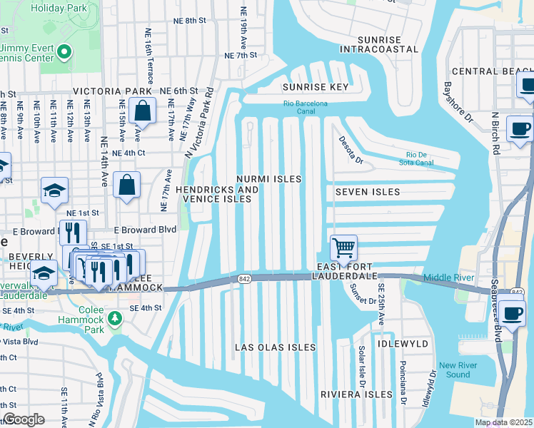 map of restaurants, bars, coffee shops, grocery stores, and more near 83 Northeast 20th Avenue in Fort Lauderdale