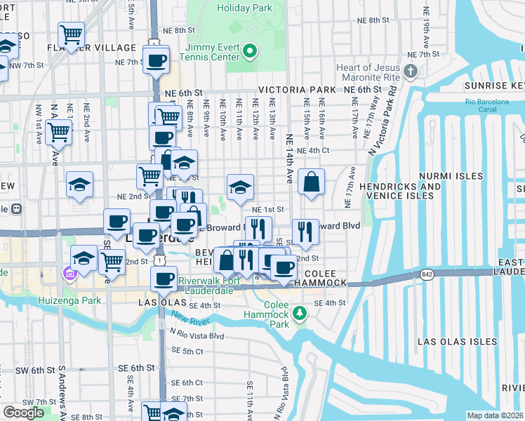 map of restaurants, bars, coffee shops, grocery stores, and more near 115 Northeast 12th Avenue in Fort Lauderdale