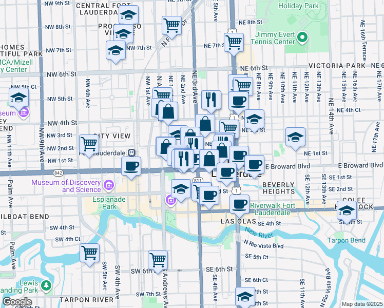 map of restaurants, bars, coffee shops, grocery stores, and more near 115 Northeast 3rd Avenue in Fort Lauderdale