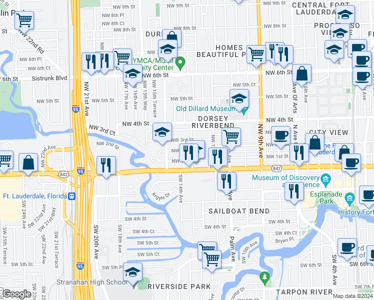 map of restaurants, bars, coffee shops, grocery stores, and more near 1408 Northwest 3rd Street in Fort Lauderdale