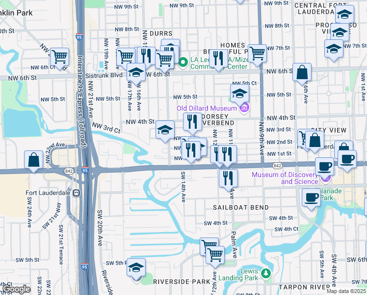 map of restaurants, bars, coffee shops, grocery stores, and more near 1408 Northwest 3rd Street in Fort Lauderdale