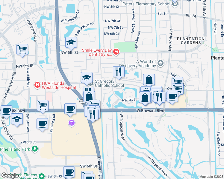 map of restaurants, bars, coffee shops, grocery stores, and more near 7481 Northwest 1st Place in Plantation