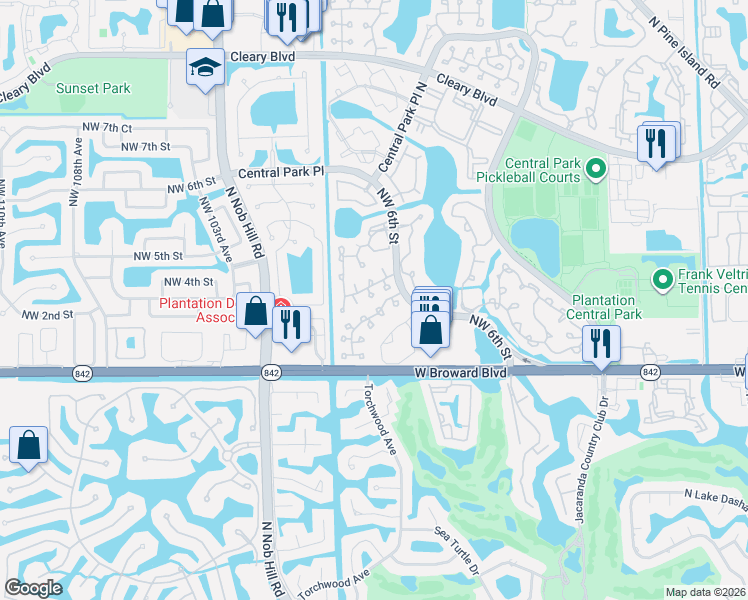 map of restaurants, bars, coffee shops, grocery stores, and more near 9804 Northwest 2nd Court in Plantation
