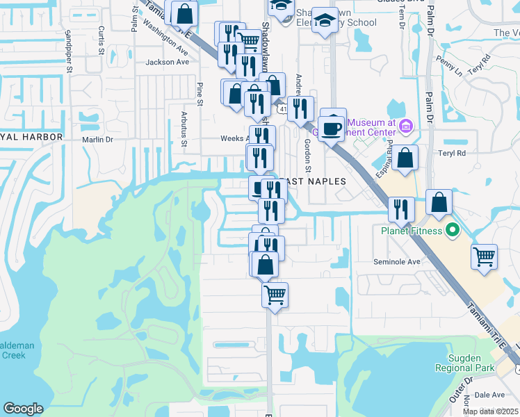 map of restaurants, bars, coffee shops, grocery stores, and more near 2869 Shoreview Drive in Naples