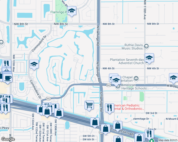 map of restaurants, bars, coffee shops, grocery stores, and more near 12461 Northwest 3rd Street in Plantation