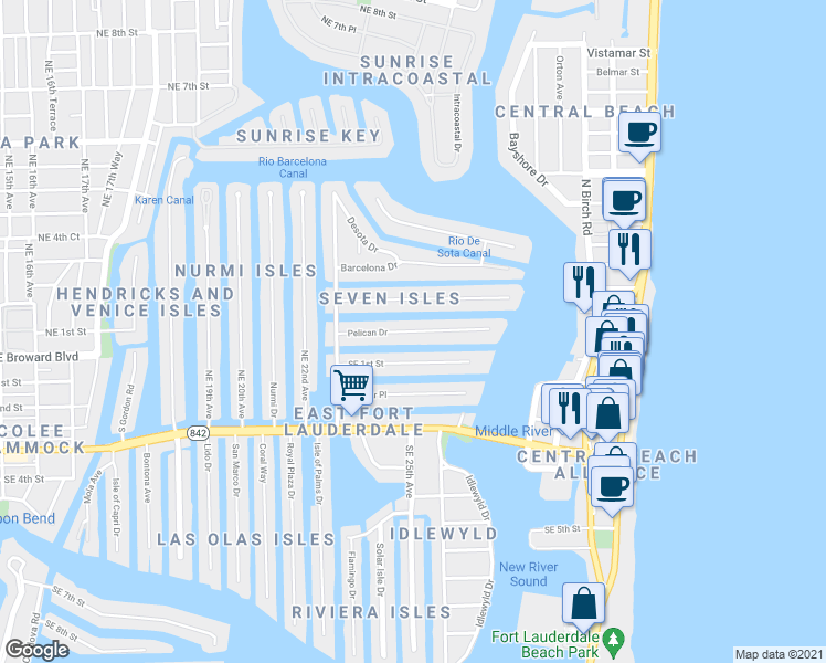 map of restaurants, bars, coffee shops, grocery stores, and more near Pelican Drive in Fort Lauderdale