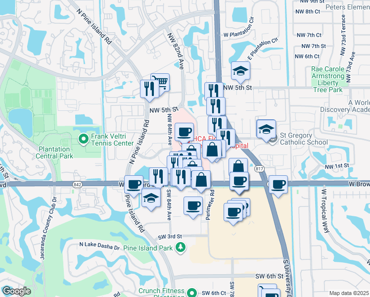 map of restaurants, bars, coffee shops, grocery stores, and more near 8201 West Broward Boulevard in Plantation