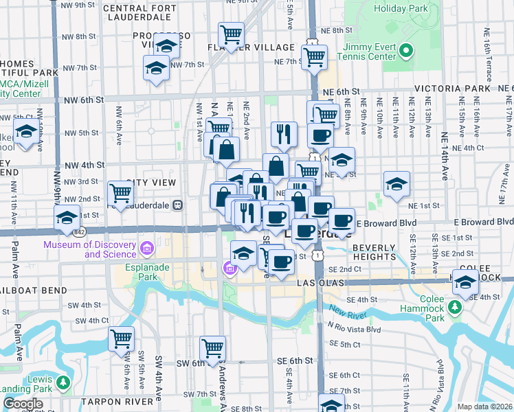 map of restaurants, bars, coffee shops, grocery stores, and more near 101 Northeast 3rd Avenue in Fort Lauderdale