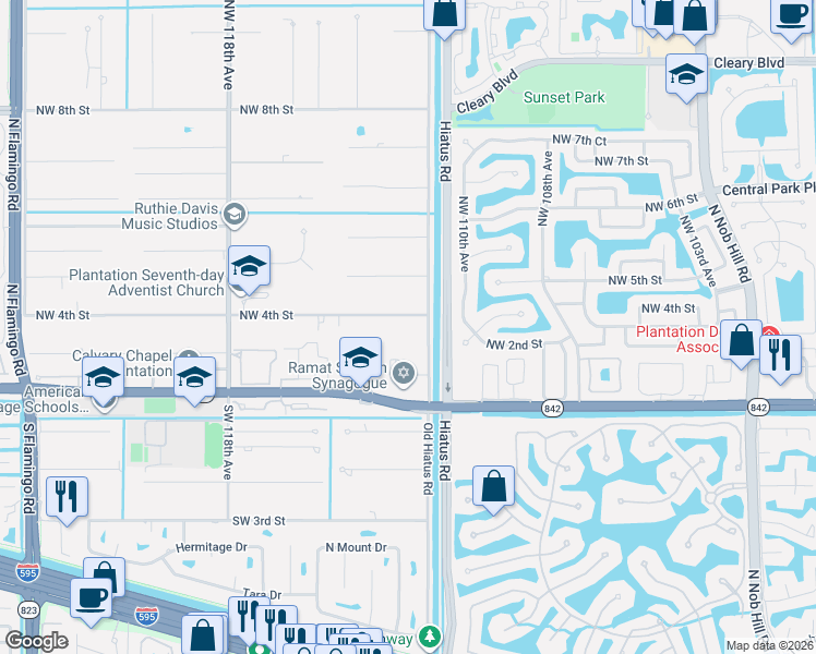 map of restaurants, bars, coffee shops, grocery stores, and more near 11301 Northwest 4th Street in Plantation