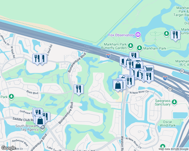 map of restaurants, bars, coffee shops, grocery stores, and more near 16391 Blatt Boulevard in Weston